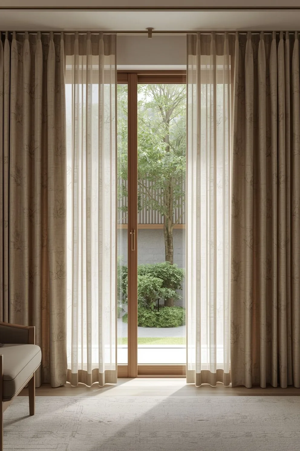 Sheer drapes beside a garden-facing glass door